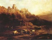 Jenaro Perez Villaamil Herd of Cattle Resting on a Riverbank in Front of a Castle (mk22) oil painting picture wholesale